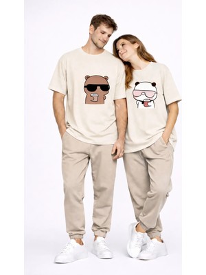 Mondschein Sevgili Kombini Çift Tişört Panda Baskılı Oversize Unisex Çift Kombin Sevimli Çift Tişört Seti