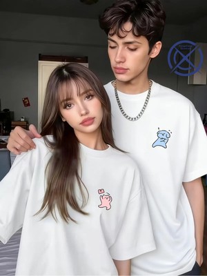 Mondschein Sevgili Kombini Minimal Karakter Baskılı Çift Tişört Oversize Unisex Romantik Çift Kombin Seti