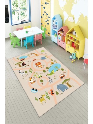 Aesco Pelangi Bej Hayvan Desenli Yıkanabilir Kaymaz Taban Leke Tutmazbebek Vbe Çocuk Odası Halısı, Somon-Yeşil 160 x 230, 901357057160230