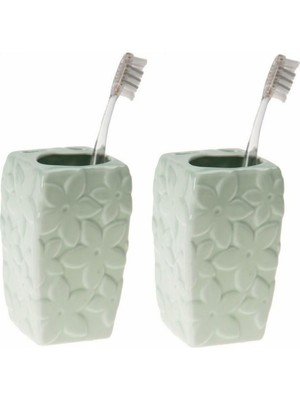 Aesco Bosphorus 2 Adet Serami̇k Di̇ş Firçalik Çi̇çekli̇ Su Yeşi̇li̇ 7X7X12CM Banyo Seti̇
