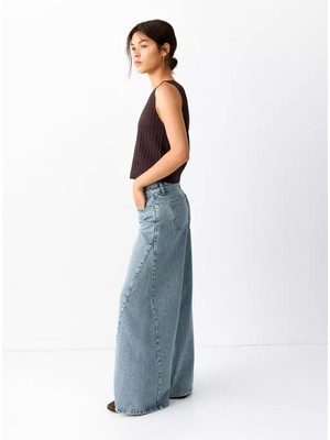 Mango Zımba Detaylı Wide Leg Jean Pantolon