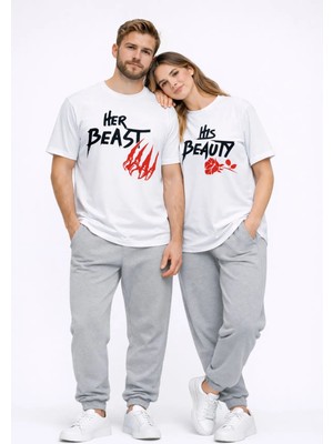 Mondschein Sevgili Kombini Her Beast His Beauty Oversize Çift Tişört Unisex Partner Couple Kombin Seti