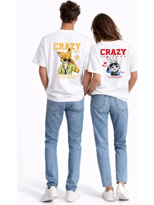 Mondschein Sevgili Kombini Crazy Animal Baskılı Çift Tişört Oversize Unisex Çift Kombin Karikatür Çift Set