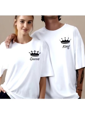 Mondschein Unisex Kadın Erkek King&queen Baskılı Sevgili Çift Kombini Tasarım Oversize T-Shirt 2'li Set