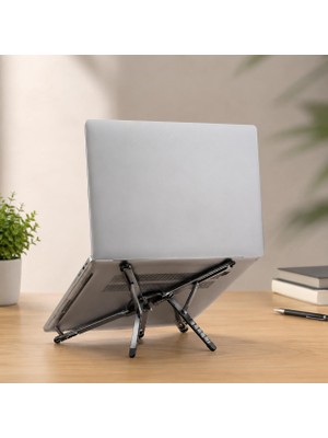 Aesco Mcstorey Katlanabilir Laptop Standı, Tablet ve Telefon Standı, 4'ü 1 Arada Çok Açılı Ayarlanabilir Notebook Sehpası, Selfie Stick Özellikli, Taşınabilir Masaüstü Standı, Gri