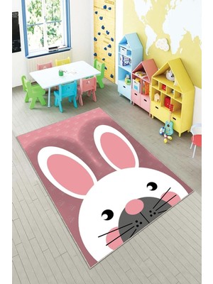 Aesco Pelangi Pembe Tavşan Desenli Yıkanabilir Kaymaz Taban Leke Tutmazbebek ve Çocuk Odası Halısı, Pembe-Beyaz 120 x 200, 901357021120200