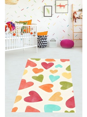 Aesco Pelangi Renkli Kalpler Desenli Kız Çocuk Yıkanabilir Kaymaz Taban Leke Tutmaz Çocuk Odası Halısık, Sarı-Turuncu-Yeşil 120 x 160, 76420331201601