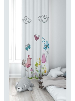 Aesco Pelangi Beyaz Kuş ve Doğa Desenli Dijital Baskı Yıkanabilir Bebek Çocuk Odası Fon Perdesi, Çok Renkli 70 x 270