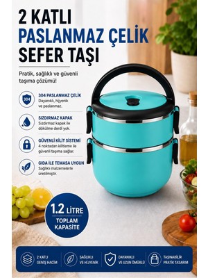 Aesco Sas Haus 2 Katlı 1.2 Litre Paslanmaz Çelik Sefer Tası Sızdırmaz Kapaklı Yemek Taşıma Kabı Bento Lunch Box 304, Turkuaz
