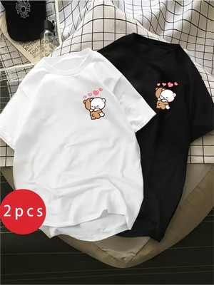 Mondschein Sevgili Kombini Tişört 2’li Set Ayıcık Baskılı Unisex Çift Tişört %100 Pamuk