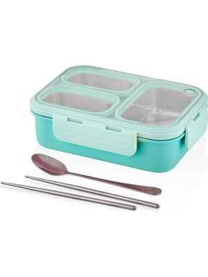 Aesco Vagonlife Bento 620ML Lunchbox Tek Katlı 3 Bölmeli Çelik Sefer Tası Yemek Kutusu (Turkuaz)