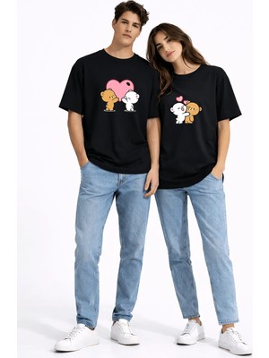 Mondschein Sevgili Kombini Ayıcık Kalp Baskılı Çift Tişört Oversize Unisex Partner Kombin Seti