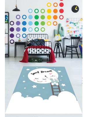 Aesco Pelangi Sweet Dream Yazılı Ay Yıldız Temalı Yıkanabilir Kaymaz Taban Leke Tutmaz Çocuk Odası Halısı, Mavi-Pembe-Beyaz 100 x 150