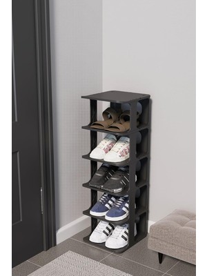 Aesco Coverest Modern 5 Katlı Ayakkabılık, Portatif Ayakkabı Rafı, Kolay Kurulum, 76X24.5X27.5 Cm, 6 Raf ve Destek Parçaları ile (Siyah)