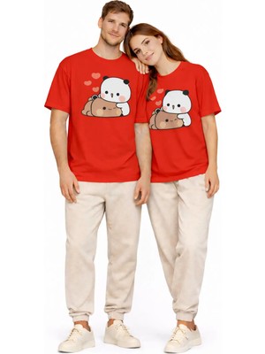 Mondschein Sevimli Panda Baskılı Sevgili Kombini Çift Tişört Oversize Unisex Çift Kombin 2'li Set