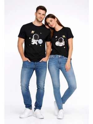 Mondschein Sevgili Kombini Astronot Baskılı Çift Tişört Oversize Unisex Partner Tişört 2’li Set