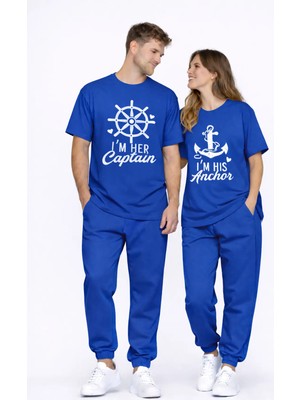 Mondschein Sevgili Kombini Oversize Çift Tişört Unisex Captain Anchor Baskılı Matching Couple Partner 2'li Set