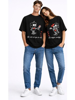 Mondschein Sevgili Kombini Robot Baskılı Çift Tişört Oversize Unisex Partner Kombin Seti