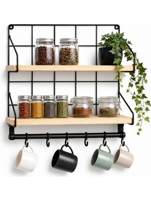 Aesco Sogud Mutfak Rafı - 2 Katlı Baharatlık ve 6'li Kupa Askısı - Duvar Tipi Metal Ahşap Mutfak Düzenleyici - 40X30X10 cm - Çay Kahve Organizeri - Çivi ve Vida Dahil Değildir