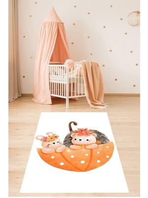 Aesco Pelangi Şemsiyedeki Ayıcık ve Tavşan Sevimli Hayvan Yıkanabilir Kaymaz Taban Leke Tutmaz Çocuk Odası Halısık, Turuncu-Kahve-Beyaz 160 x 240, 76420501602401