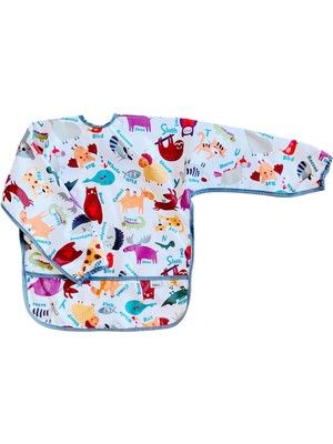 Aesco Zoo 3-6 Yaş Bağcıklı Uzun Kollu Boyundan Bağlamalı Su Geçirmez Bebek Mama Önlüğü