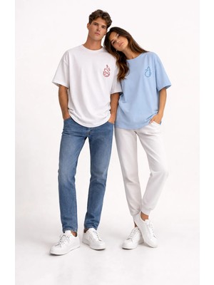 Mondschein Sevgili Kombini Ateş Su Minimal Çift Tişört Oversize Unisex Partner Kombin Seti