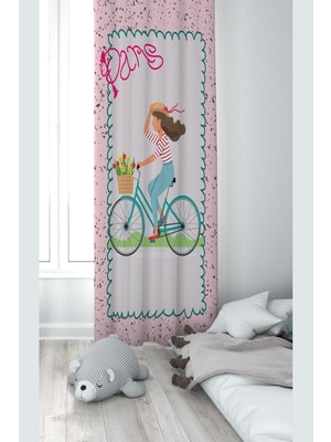 Aesco Pelangi Pembe Bisiklet Süren Kız Desenli Dijital Baskı Yıkanabilir Bebek Çocuk Odası Fon Perdesi, Pembe-Krem 140 x 270