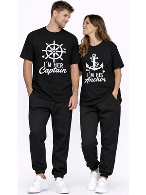 Mondschein Sevgili Kombini Oversize Çift Tişört Unisex Captain Anchor Baskılı Matching Couple Partner 2'li Set