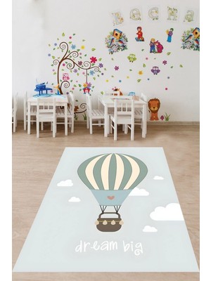Aesco Pelangi Bulut ve Uçan Balon Temalı Yıkanabilir Kaymaz Taban Leke Tutmaz Çocuk Odası Halısı, Mavi 80 x 600