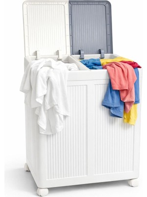 Aesco Mallart® Premium Katlanabilir Tekerlekli Çamaşır Sepeti - 100 Litre Çift Bölmeli Çok Amaçlı Düzenleyici, Kapaklı ve Kirli Ayrıştırma Özellikli Banyo ve Ev Saklama Kutusu (Gri)