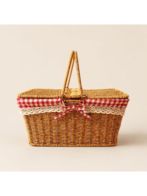 Aesco Poomy Hasır Piknik Sepeti, Kırmızı Ekoseli ve Dantelli Kapaklı Taşıma Sepeti, 39X27X18 cm Ahşap Görünümlü Piknik Çantası, Kahvaltı, Kamp, Bahçe ve Outdoor Kullanım Için