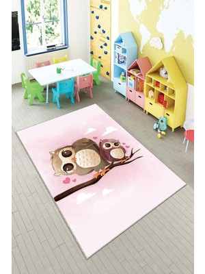 Aesco Pelangi Pembe Kuş Desenli Yıkanabilir Kaymaz Taban Leke Tutmazbebek ve Çocuk Odası Halısı, Pembe-Kahve 80 x 600