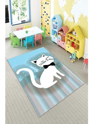 Aesco Pelangi Mavi Kedi Desenli Yıkanabilir Kaymaz Taban Leke Tutmazbebek ve Çocuk Odası Halısı, Gri-Mavi 160 x 350, 901357023160350