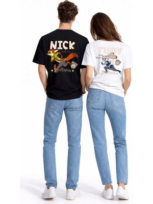 Mondschein Sevgili Kombini Crazy Animal Baskılı Çift Tişört Oversize Unisex Çift Kombin Karikatür Çift Set