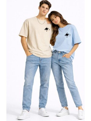 Mondschein Sevgili Kombini Minimal Uzay Gezegen Baskılı Çift Tişört Oversize Unisex Partner Tişört 2'li Set