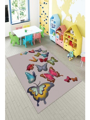 Aesco Pelangi Gri Kelebekler Desenli Yıkanabilir Kaymaz Taban Leke Tutmazbebek ve Çocuk Odası Halısı, Gri-Pembe 80 x 350, 90135716680350