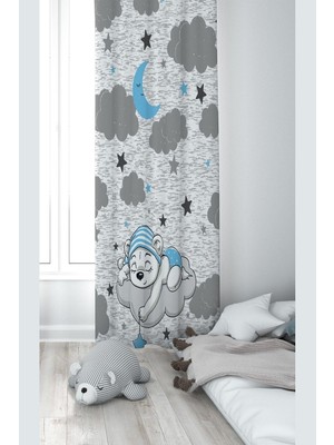 Aesco Pelangi Gri Bulutun Üzerinde Uyuyan Ayıcık Desenli Dijital Baskı Yıkanabilir Bebek Çocuk Odası Fon Perdesi, Gri-Mavi 70 x 270