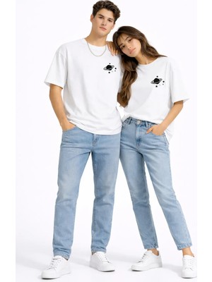 Mondschein Sevgili Kombini Minimal Uzay Gezegen Baskılı Çift Tişört Oversize Unisex Partner Tişört 2'li Set