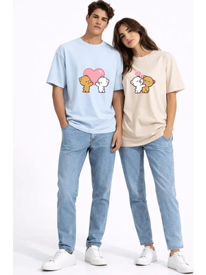 Mondschein Sevgili Kombini Ayıcık Kalp Baskılı Çift Tişört Oversize Unisex Partner Kombin Seti