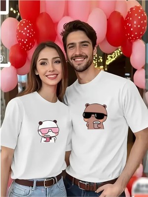 Mondschein Sevgili Kombini Çift Tişört Panda Baskılı Oversize Unisex Çift Kombin Sevimli Çift Tişört Seti