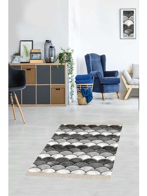 Aesco Pelangi Geometrik Desenli Dijital Baskı Yıkanabilir Kaymaz Taban Etnik Kilim Desen Salon, Gri - Beyaz 180 x 280