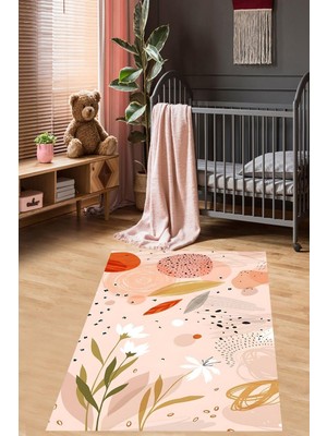 Aesco Pelangi Geometrik Şekiller ve Çiçekler Yıkanabilir Kaymaz Taban Leke Tutmaz Çocuk Odası Halısık, Somon-Pembe-Yeşil 120 x 200