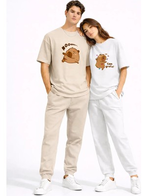 Mondschein Sevgili Kombini Sevimli Ayı Baskılı Çift Tişört Oversize Unisex Partner Tişört 2'li Set