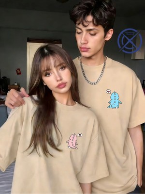 Mondschein Sevgili Kombini Mini Dinozor Baskılı Çift Tişört Oversize Unisex Çift Kombin Sevimli Çift Set