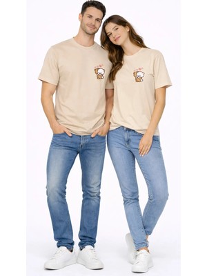 Mondschein Sevgili Kombini Minimal Ayıcık Kalp Baskılı Çift Tişört Oversize Unisex 2’li Set