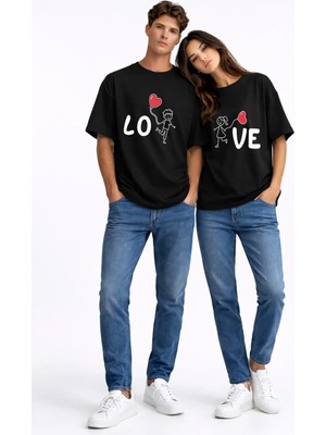 Mondschein Sevgili Kombini Love Baskılı Çift Tişört Oversize Unisex Partner Kombin Seti