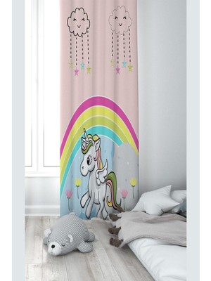Aesco Pelangi Pembe Unicorn Desenli Dijital Baskı Yıkanabilir Bebek Çocuk Odası Fon Perdesi, Pudra-Renkli 140 x 270