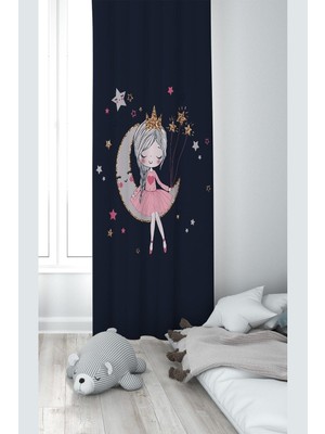 Aesco Pelangi Lacivert Fonlu Ayda Oturan Kız Desenli Dijital Baskı Yıkanabilir Bebek Çocuk Odası Fon Perdesi, Lacivert 140 x 200