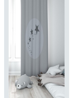 Aesco Pelangi Koyu Gri Yıldız Desenli Dijital Baskı Yıkanabilir Bebek Çocuk Odası Fon Perdesi, Gri 70 x 240