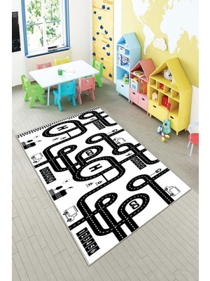 Aesco Pelangi Gri Trafik Yollu Yıkanabilir Kaymaz Taban Leke Tutmazbebek ve Çocuk Odası Halısı, Bej-Siyah 80 x 250, 90135716980250